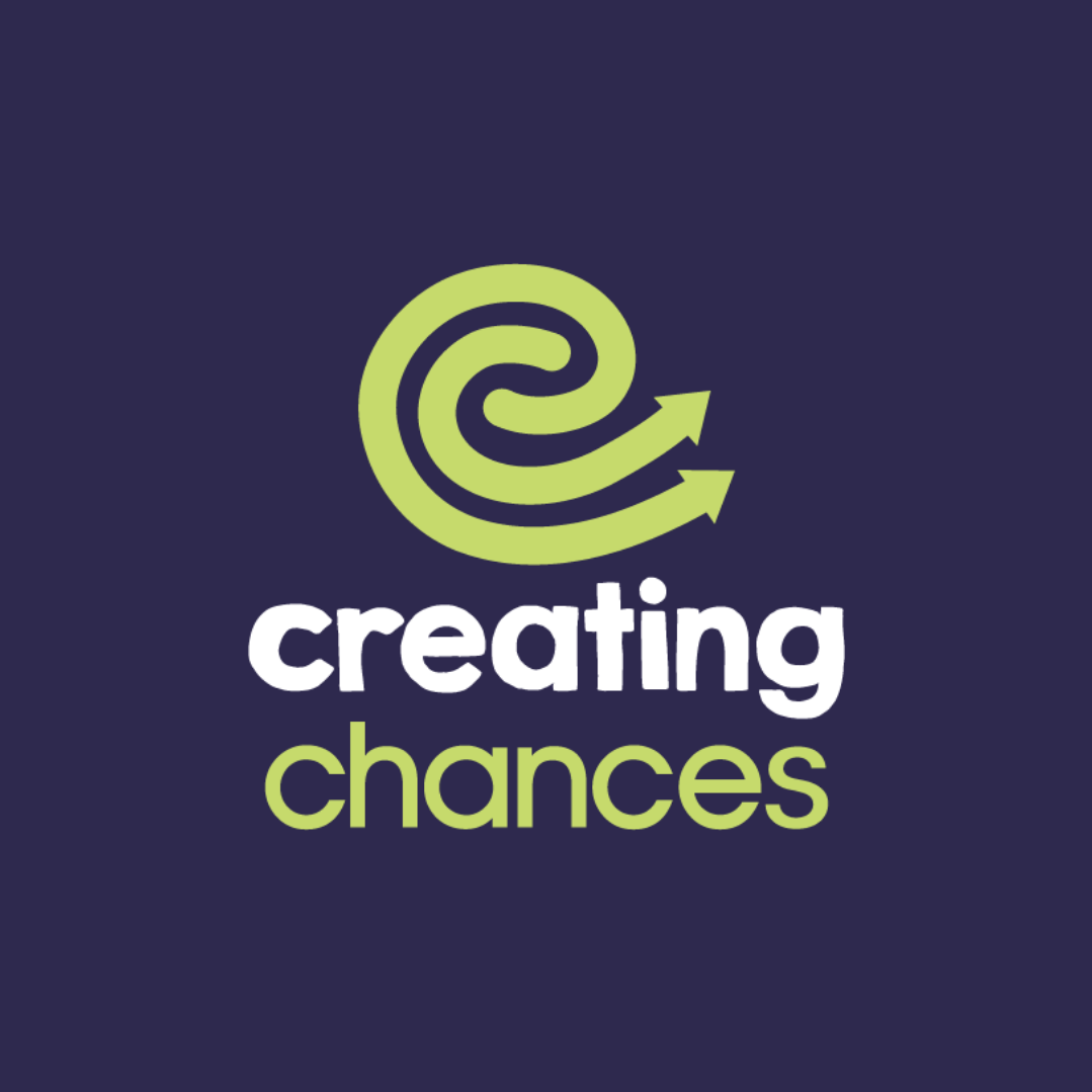 Logo for Creating Chances featuring a green spiral arrow above white and green text on dark blue.
